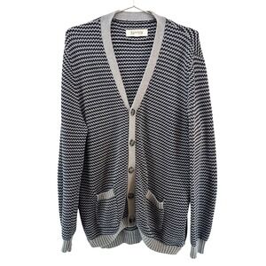 BARQUE NEW YORK Striped Grandpa Cardigan Sweater • Large • navy blue, gray